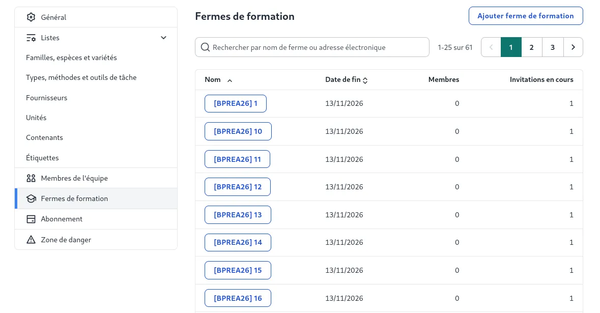 Capture d’écran de la page de gestions des fermes de formation